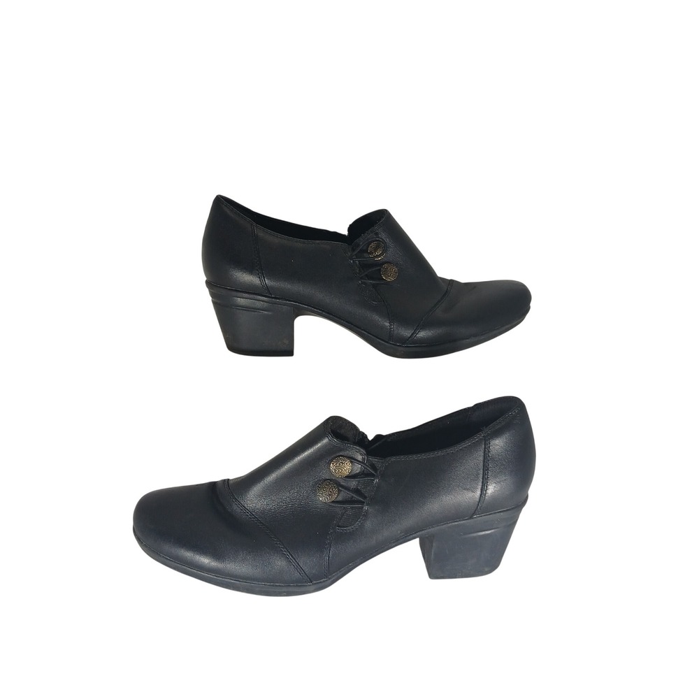 Clarks Collection Leather Shooties Size 10 Black Button Detail Office Comfort